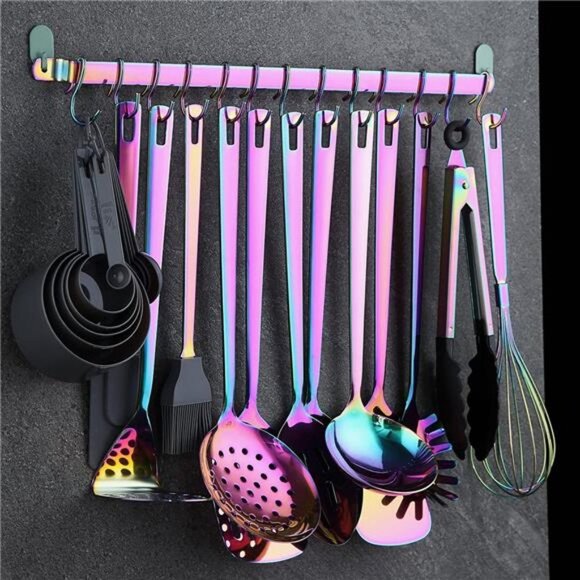 Kitchen Rack With Rainbow Titanium Plating, Rail Rack Organizer with 14 Hooks - Picture 3 of 4